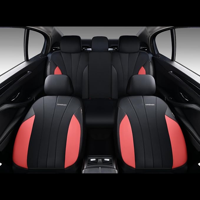 Coverado Car Seat Covers Full Set, 5 Seats Waterproof Nappa Leather Automotive Seat Protectors, Front & Rear Luxury Mesh Seat Covers,All-Weather Universal Fit for Most Cars SUVs, Trucks,Black&Red