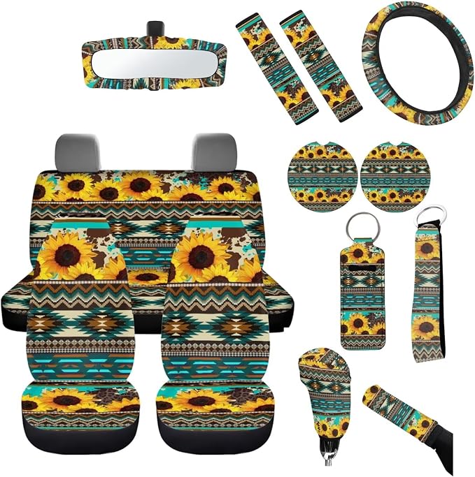 Southwestern Aztec Sunflower Auto Seat Covers Full Set,Anti Slip Cup Mat,Auto Steering Wheel Covers Sunflowers Keychains,Vehicle Interior Mirror Covers,Handbreak Gear Shift Cover for Cars