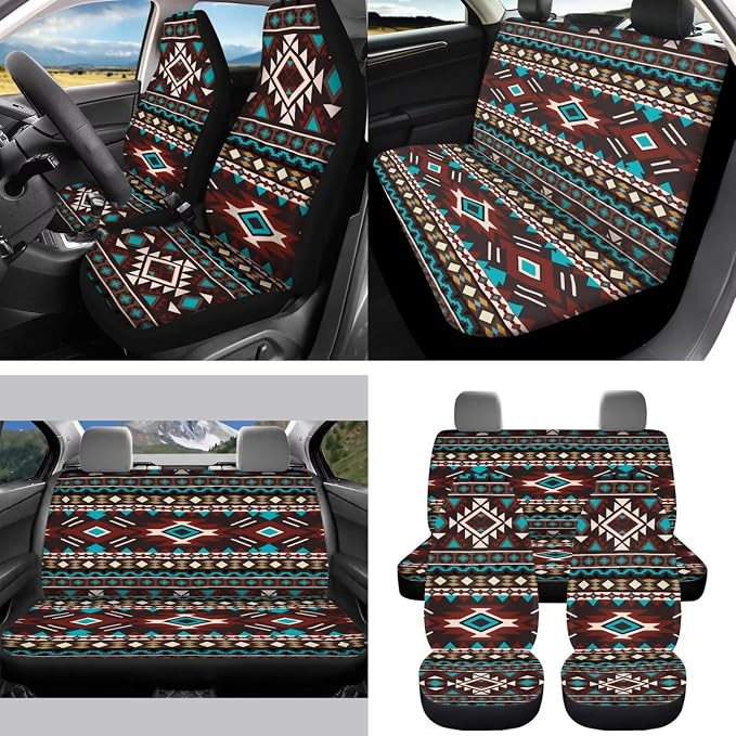 Colorful Geo Car Seat Covers Set of 15 with Universal Steering Wheel Cover, Rearview Mirror Cover, Car Trash Can, Seatbelt Pads, Cup Holder Coasters, Keychains