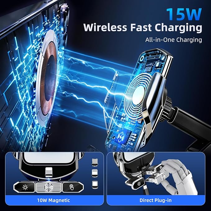 Car Phone Holder,Car Mount Charger,15W Wireless Charging & 10W Magnetic Charging(3 Connectors),Auto-Clamping Hands Free,Suction Cup Mount for Windshield,Mirror & Screen,Car Accessories & Gift