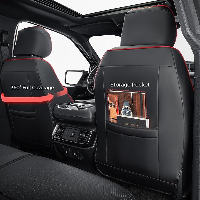 Faux Leather Front Seat Covers for Ford F150 2015–2025 2026 (XL, XLT, Not Regular Cab), Exact Fit 1st Row Bucket Seat Protectors,Truck Interior Accessories for F-150 Black/Red