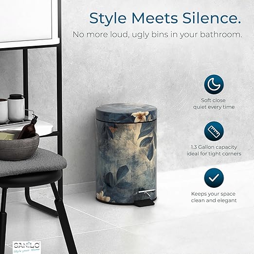 Sanilo Small Bathroom Trash Can with Lid [1.3 Gallon] - Lidded Tiny Trashcan for Garbage - Mini Metal Bin with Soft Closing Mechanism - Bath Room Accessoire Wastebin with Inner Bucket (Lilybud)