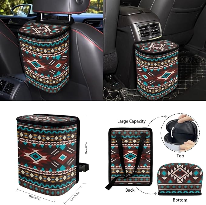Colorful Geo Car Seat Covers Set of 15 with Universal Steering Wheel Cover, Rearview Mirror Cover, Car Trash Can, Seatbelt Pads, Cup Holder Coasters, Keychains
