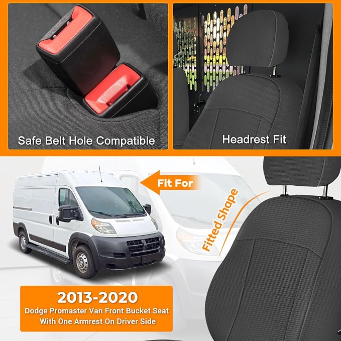 Front Bucket Seat Covers Compatible with 2013-2020 Dodge Ram Promaster Van, Armrest on Drivers Only, Breathable Automotive Cover Cushion Accessories, Charcoal