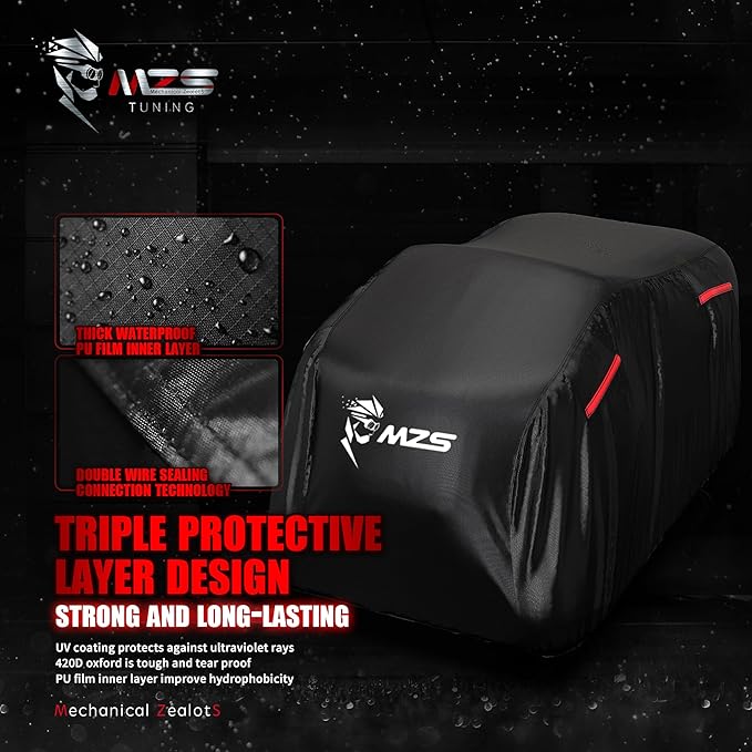 MZS ATV Cover, All Weather Outdoor Waterproof Quad Cover Protection fits up to 88 inch 4 Wheeler Covers - Tear Wind Proof Vents Night Reflective Adjuster Buckle Storage Bag