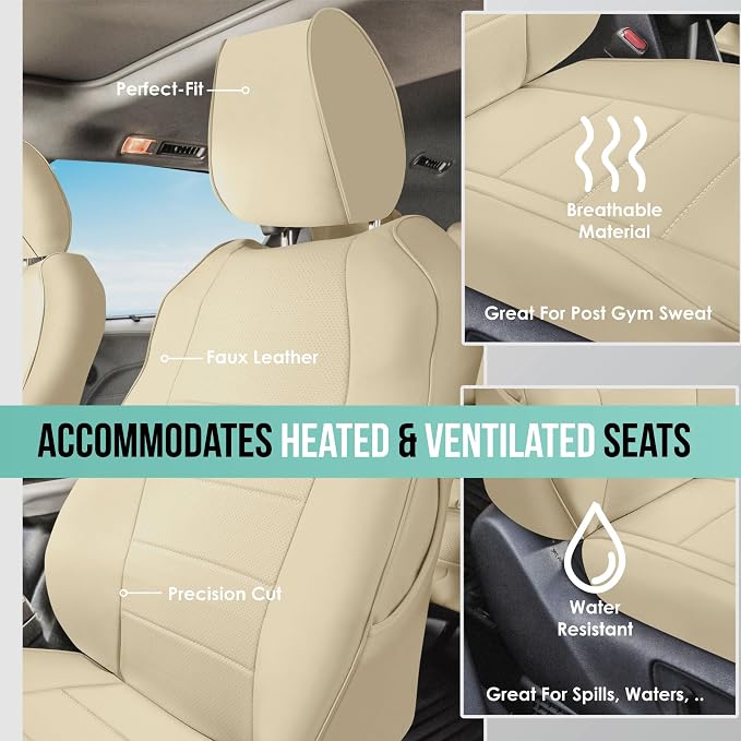 FH Group Custom Fit Car Seat Covers Specifically Made for 2021-2024 Toyota Sienna 7-8 Seater, Faux Leather Automotive Seat Covers - Front Set Solid Beige