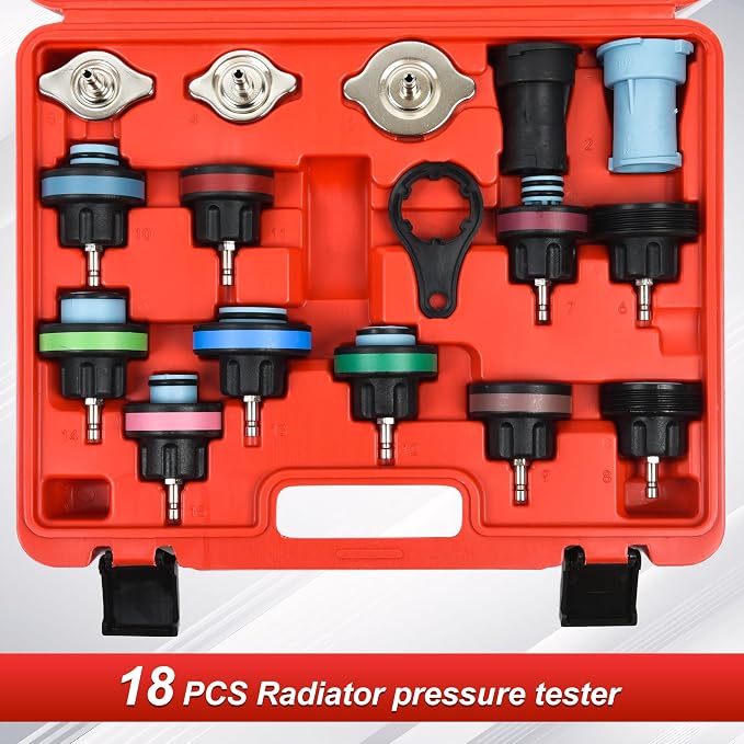 Radiator Pressure Leakage Tester Tool Kit，18pcs Cooling System Pressure Tester kit Automotive Radiator Pressure Tester for Motorcycle Car Truck, Red 1