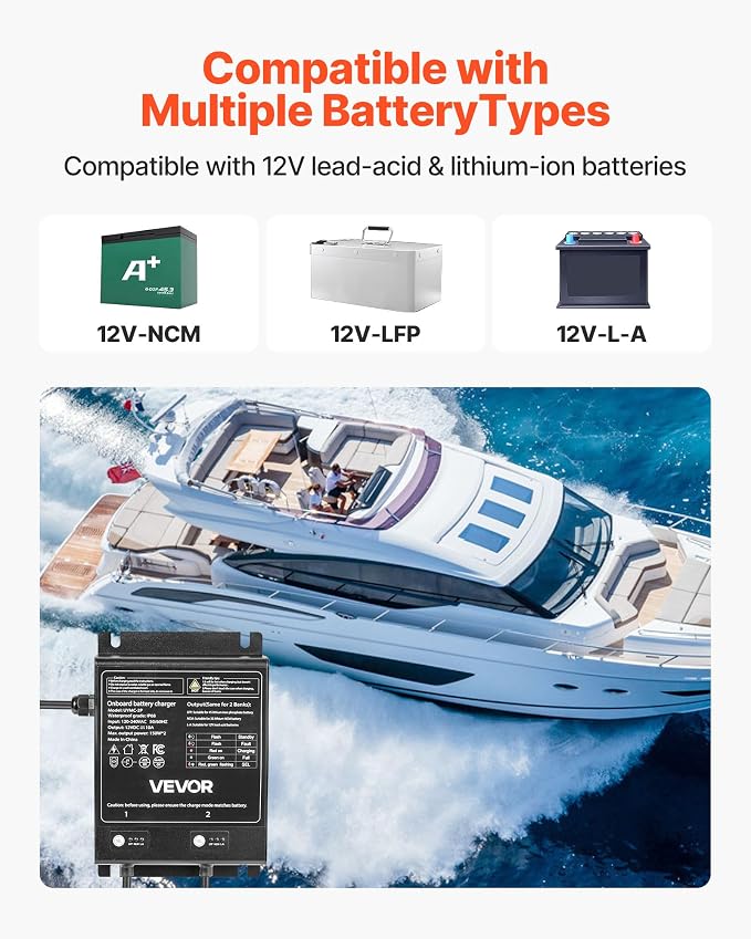 VEVOR 2 Bank Marine Battery Charger, 10A (10A/Bank) 12V Onboard Boat Charger, IP68 Waterproof Smart Battery Charger for Lithium LiFePO4, NCM, Lead-Acid Batteries, Large Boat, Yacht, RV, Trailer