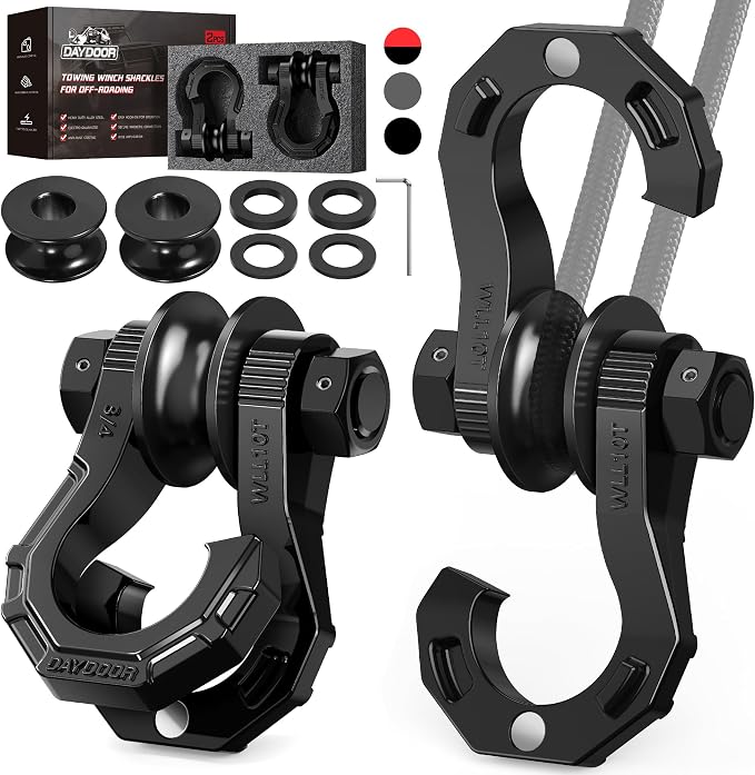 DAYDOOR D Ring Shackles with Snatch Block, 45,000Lbs Break Strength Towing Winch Shackle, 3/4" Heavy Duty Shackles with 7/8" Screw Pin for Off Road Vehicle Recovery(2 Pack, Black)