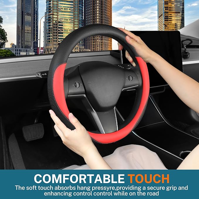 Leather Steering Wheel Cover Custom-Fit for Tesla Model 3/Y 2016-2026, Comfort Grip Design Breathable and Non-Slip, Model 3/Y Car Steering Wheel Protector, Tesla Accessories,Black(D-Style, for Tesla)