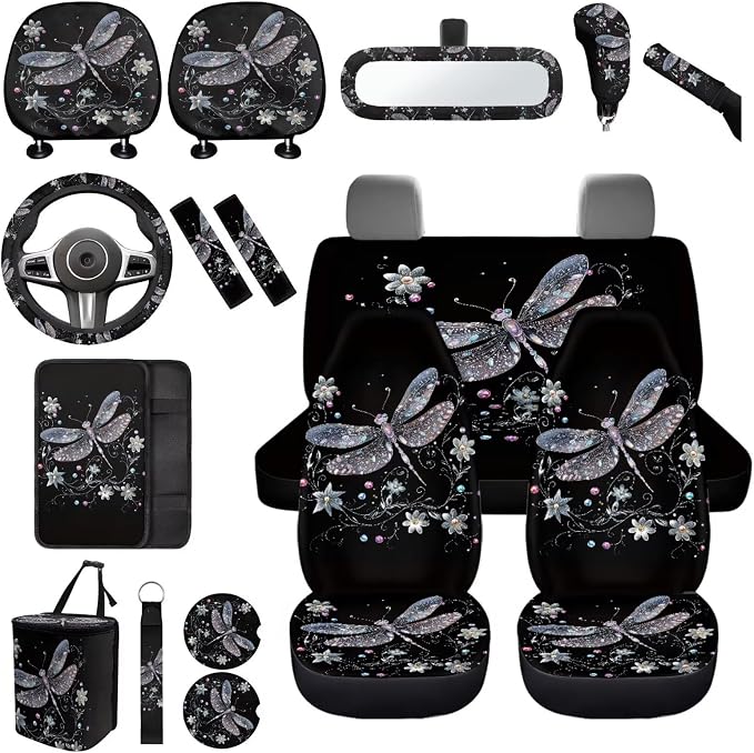 Dragonfly Car Seat Covers Full Set 17 Pieces for Women Dragonfly Car Accessories with Steering Wheel Auto Covers,Car Headrest Cover,Auto Trash Can Bin for Back Seat Leak Proof,Universal Fit