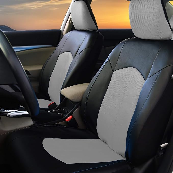 FH Group Automotive Seat Cover Highest Grade Faux Leather Gray Full Set, Combo Car Seat Cover Design Airbag Compatible Split Bench Tan Car Seat Covers Interior Accessories Universal Fit Cars Truck SUV