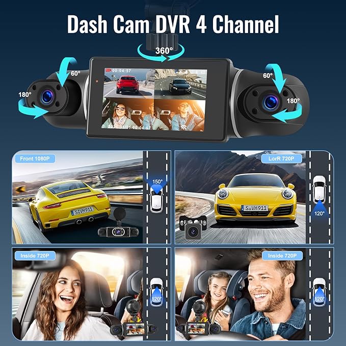 NHOPEEW 4 Channel 360 Dash Cam, 3 inch IPS Screen 1080P Front and Rear Inside, 720P Left Right Dash Camera for Cars with WiFi&App Control, Night Vision, Loop Recording + 64G TF Card
