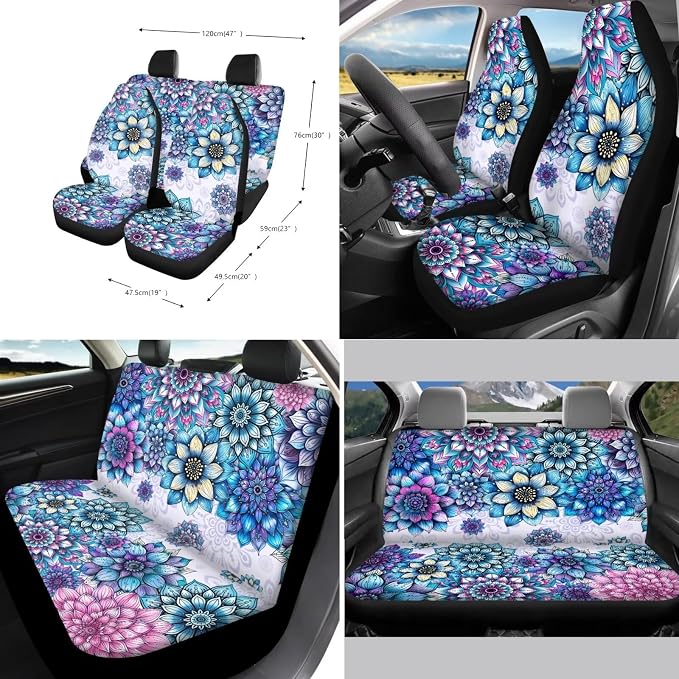 Suobstales Boho Mandala Print Car Seat Cover for Women Men Full Set SUV Interior Accessories Front/Back Bench Bucket Seat Cover,Steering Wheel Cover,Seat Belt Cover,Cup Holder Coasters,Keychain