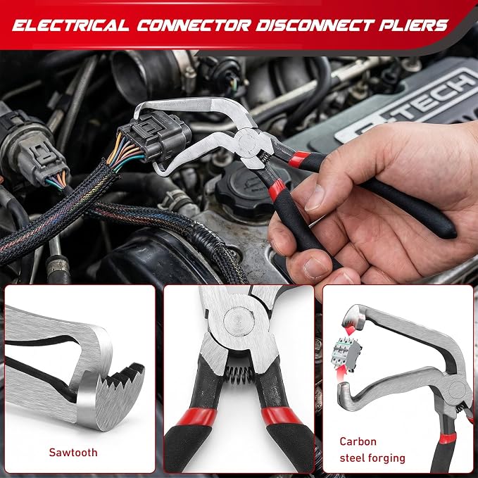 14-Piece Electrical Disconnect Pliers Kit – Straight, 60° & Dual-Head Connector Removal Tools for Push Tab Style Plugs – Car Electrical Repair Tool Set