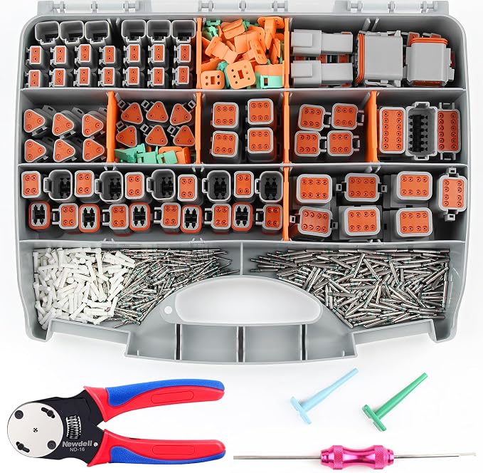 Newdeli 636PCS Deutsch Connector Kit 2 3 4 6 8 12 Pin DT Connectors with Deutsch Crimp Tool(14-20AWG) and Pin Removal Tool Size 16 Solid Contacts Waterproof Automotive Electrical Wire Connectors