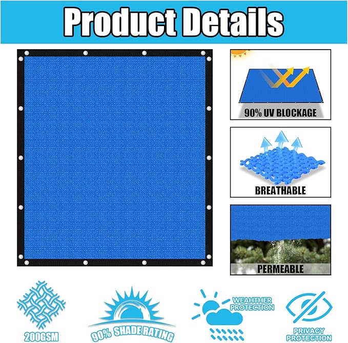 Amagenix 90% Pergola Shade Cover 4' X 10' Sun Shade Cloth with Grommets for Outdoor Garden Patio Porch, Commercial Grade 200 GSM - Cable Zip Ties Included (We Customized) GN108, Blue