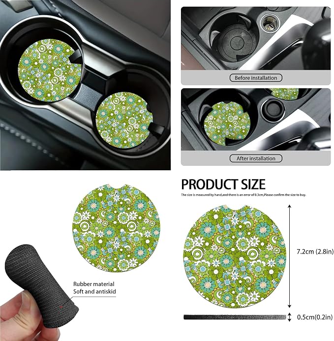 Hippie Floral Print Car Accessories Set Car Seat Covers Seat Belt Strap Pad Steering Wheel Cover Air Vent Storage Bag Rear View Mirror Cover Trash Cans Cup Coasters Keychain, 15 PCS