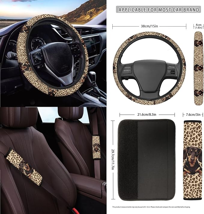 Leopard Dachshund Print Car Accessories Full Set of 15 Car Seat Covers Steering Wheel Cover Air Vent Storage Holder Seatbelt Strap Pad Cup Coasters Rear View Mirror Cover Keychain