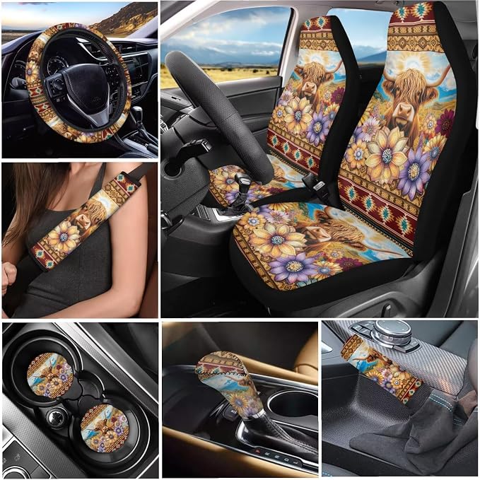 Tupalatus Highland Cow Flower 9 Pack Seat Covers Full Set Car Accessories Steering Wheel Protector Auto Seat Belt Cover Coasters Gear Shift Cover Hand Brake Cover for Women