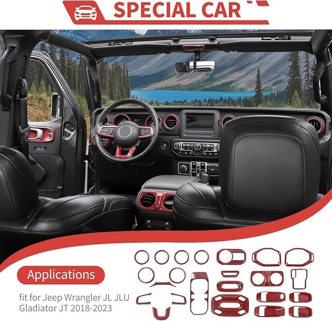 23pcs Full Set Interior Trim Kit for Jeep Wrangler JL JLU Gladiator JT 2018-2023 Steering Wheel Door Handle Air Conditioning Vent Cup Holder Reading Light Headlight Gear Cover, Red Carbon Fiber