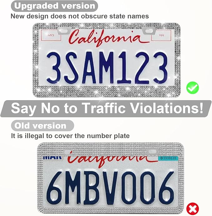 QUANQIUFEI 2 Pack Bling License Plate Frames for Women, Sparkly Rhinestone Diamond Car Accessories with Glitter Crystal Caps (Gilded Black)