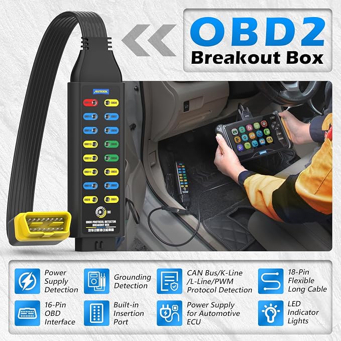 OBD2 Breakout Box Auto OBDII Protocol Detector | 16-Pin Diagnostic Tool with Ground, Power & Protocol Circuit Detection with Jumper and Clips