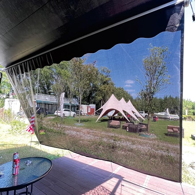 RV Awning Shade Screen Without Zipper 8'x15'3'',Black Mesh RV Awning Sun Shade Screen,Universal Trailer Camper Awning Screen with Complete Kit,Significantly Improves Shadow and Privacy