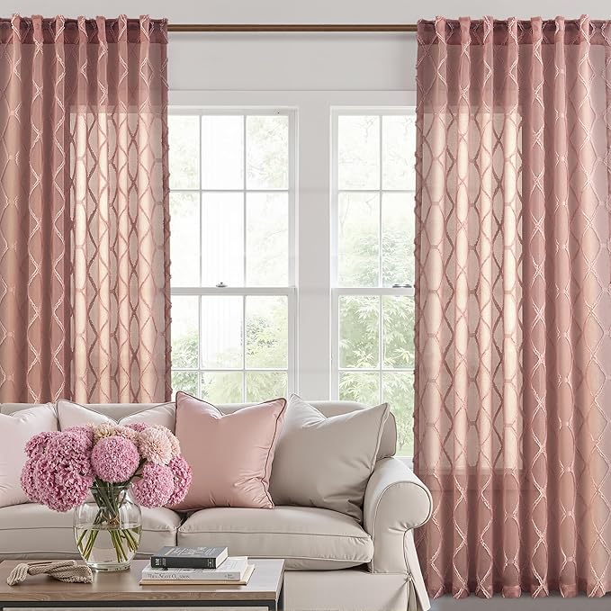 Canyon Rose Sheer Curtains 90 Inch Length for Living Room 2 Panels Back Tab Pocket Boho Farmhouse Drapes Light Filtering Privacy Embroiderd Textured Rustic Curtain for Dining Room Bedroom 52x90
