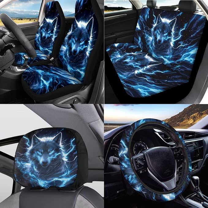 KEIAHUAN Blue Wolf Car Seat Cover Full Set for Men Includes Steering Wheel Covers, Car Holder, Handbrake and Gear Shift Knob Cover, Soft Auto Seat Head Rest Cover 11 Pieces