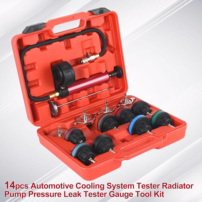 14pcs Automotive Cooling System Tester Radiator Pump Pressure Leak Tester Gauge Tool Kit,Coolant Pressure Tester Kit with Aluminum Hand Pump and Adapters