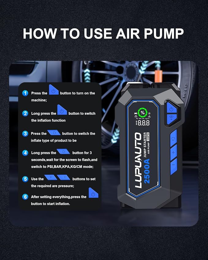 2500A Jump Starter with 150PSI Air Compressor 12V Battery Box Jumper Pack | 7.5L Gas, 5L Diesel, Low Voltage Forced Start, LCD Display, 400LM Emergency Flashlight