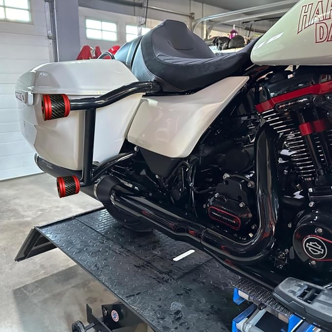 Motorcycle front and rear crash bar decorative wheels, engine crash bar sliders, and saddlebag crash bar decorative covers, CNC machined with embedded carbon fiber accents. (red)