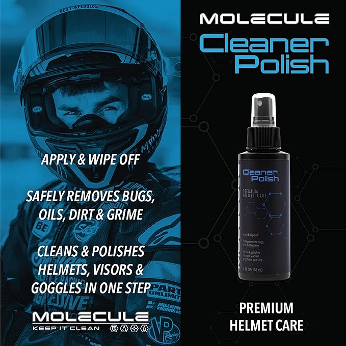 Molecule Helmet Polish Kit | Premium Helmet Care | 4 Ounce Cleaner Polish & Refresh | Cleans and Details Gloss Finish Helmets, Visors, and Goggles | 4 Ounce (1 Kit)