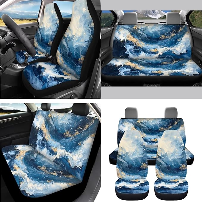 AFPANQZ Blue Marble Car Seat Covers Full Set 13 Packs Steering Wheel Cover + Safety Seat Belt Pads + Car Cup Holder Coaster + Handrake Cover + Gear Shift Knob Cushion for Men Women