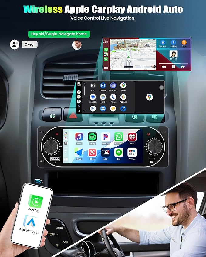 [Bluetooth 5.2 EQ] Single Din Car Radio Stereo with Wireless Carplay Android Auto, 5.1 inch IPS Touchscreen 1 Din Car Radio with Mirror Link USB & Type-C AUX FM Radio SWC Backup Cam SWC Voice Control