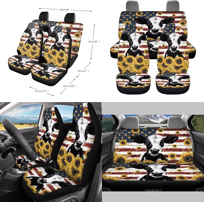 Cow Sunflower Amrican Flag Pattern Car Accessories Set of 10 Front and Back Seat Covers Cup Coasters Car Trash Can Steering Wheel Cover Keychain Air Vent Storage Bag Interior Covers for Auto