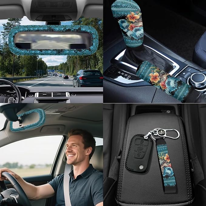 Navajo Sea Turtle Car Seat Covers Full Sets 18 Pieces Sea Turtle Car Interior Accessories Sets with Car Seat Belt Pads Cover Car Headrest Covers Steering Wheel Cover Vehicle Trash Bag