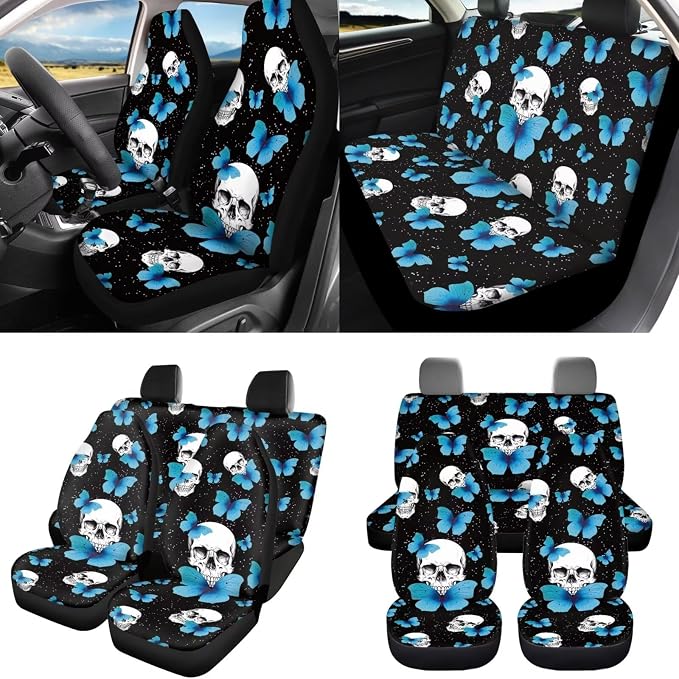 8 Pcs Blue Butterfly Skull Car Seat Covers Full Set Car Accessories for Women Front Seat Cover Steering Wheel Armrest Cover Seat Belt Cover for Auto SUV Interior Decoration