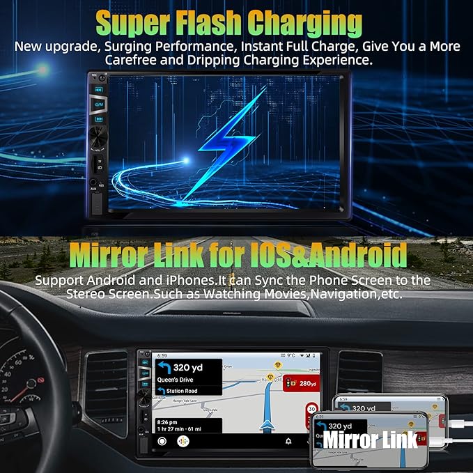 New Double Din Car Stereo with Wireless CarPlay & Android Auto, 7 in HD Car Radio with Bluetooth, USB/SD/AUX Input, FM, SWC, Subwoofer Support -HD Touchscreen Radio for Seamless Car Audio Integration