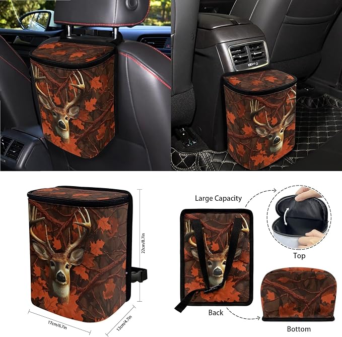 Camo Hunting Deer Print Universal Fit Car Seat Cover Set Steering Wheel Covers Seatbelt Strap Pad Trash Cans Air Vent Storage Bag Rearview Mirror Cover Cup Holder Keychain, 15 PCS