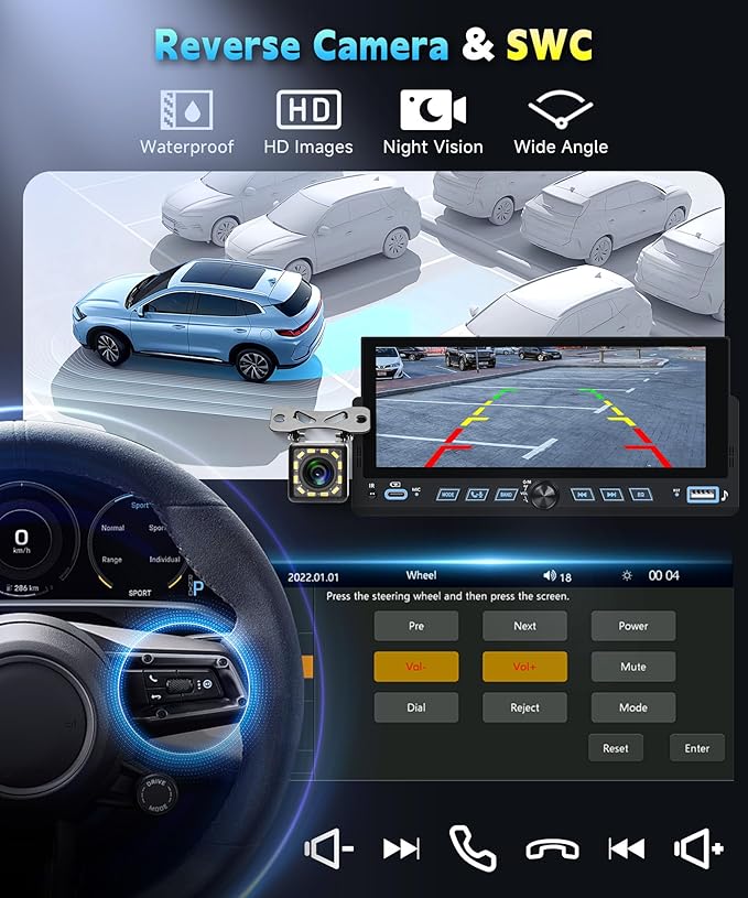 Single Din Car Stereo Wirelsss Carplay Android Auto, 1 Din Head Unit Bluetooth Backup Camera, 6.86" HD Touchscreen Radio, FM EQ USB-Type-C, Mirror Link SWC, Voice Control, Car Stereo Receivers