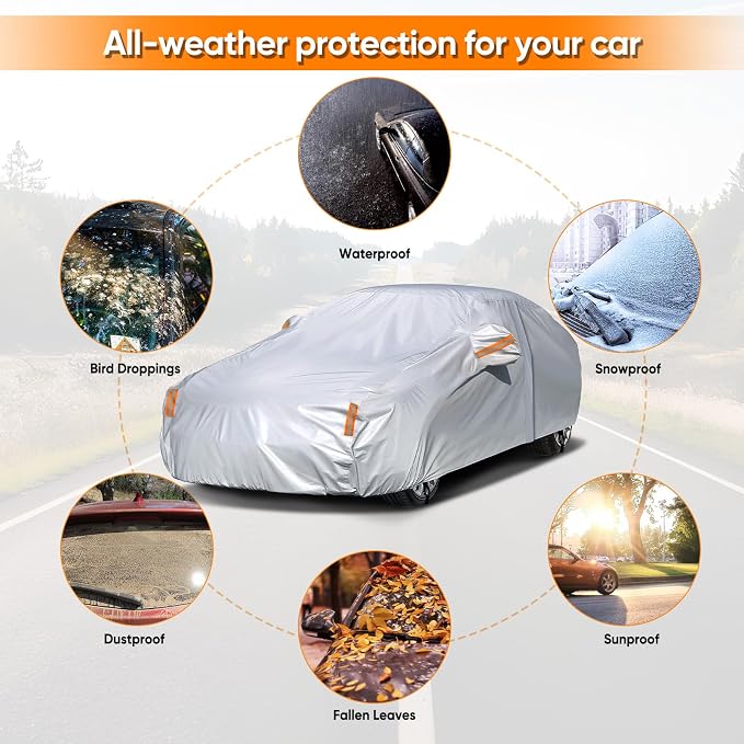 NEVERLAND Sedan Car Cover Waterproof Heavy Duty All Weather Protection Snow Anti-UV Windproof Outdoor Full Car Cover Fit for Automobiles BMW/Mercedes-Benz/Honda (185-196 inch)