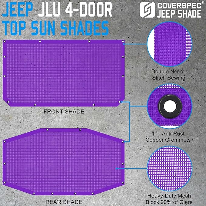 JL Top Sun Shade Roof Compatible with Jeep Wrangler 2 or 4 Door 2018 to 2023 Sunshade Sunroof Blocks UV Wind Noise Purple Mesh for Front and Rear 2 pcs