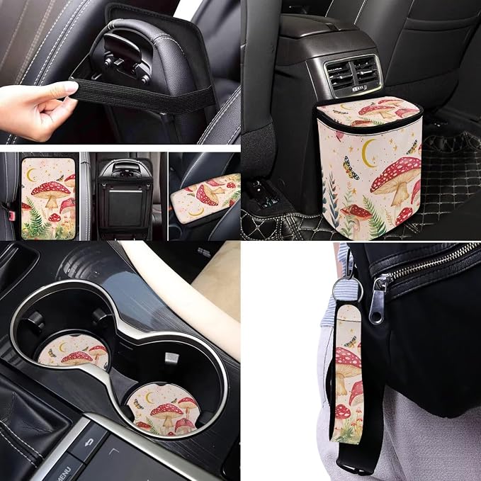 Mushroom Car Seat Covers Full Set of 17 Pcs,Starry Sky Mushroom Car Aaccessories Set with Head Rest Covers, Steering Wheel Covers,Car Trash Can with Lid Universal Auto Interior for Women