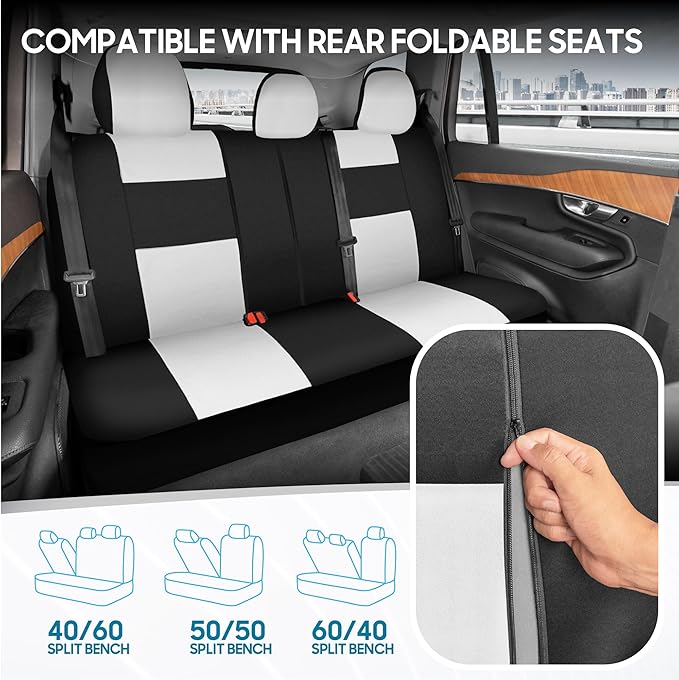 BDK PolyPro Car Seat Covers Full Set in White on Black, Front and Rear Split Bench Seat Covers for Cars, Easy to Install Car Seats Cover Set and Accessories for Auto Trucks Van SUV - White