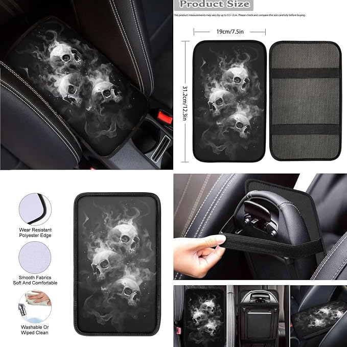 Goth Skull Car Seat Covers Full Set 8 Pcs Car Accessories for Women Front Seat Cover Steering Wheel Armrest Cover Seat Belt Cover for Auto SUV Interior Decoration
