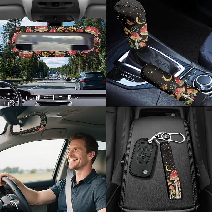 Mushroom Print Car Seat Covers Full Sets 18 Pieces Mushroom Car Interior Accessories with Car Headrest Covers Anti Slip Car Seat Belt Pads Cover Leakproof Auto Trash Can Steering Wheel Cover