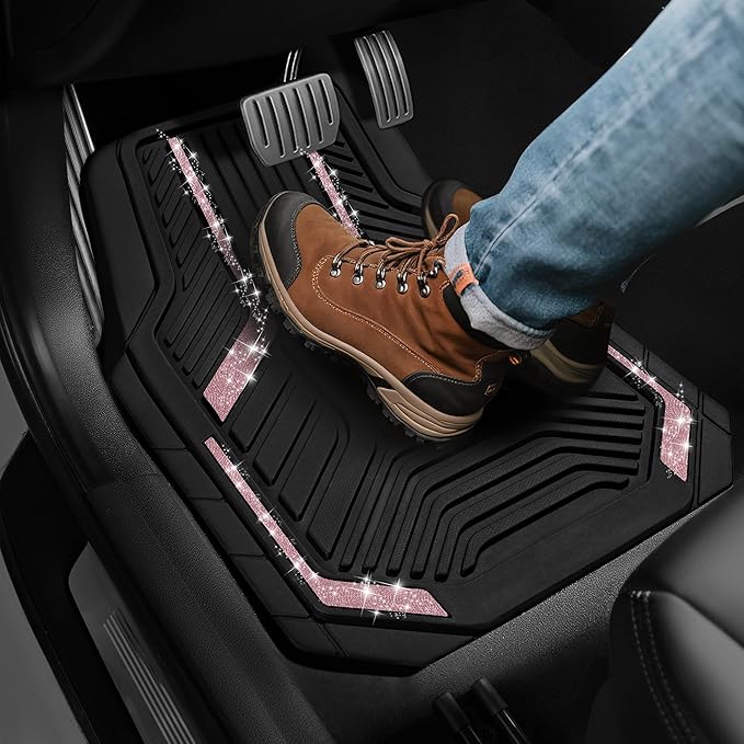 PIC AUTO Car Floor Mats, Pink Sparkly Crystal Bling Glitter Car Mats Set, Front and Rear Heavy Duty Rubber Car Mats with Anti-Slip Backing, All Weather, Trim-to-Fit for SUVs, Trucks, Sedan, Vans