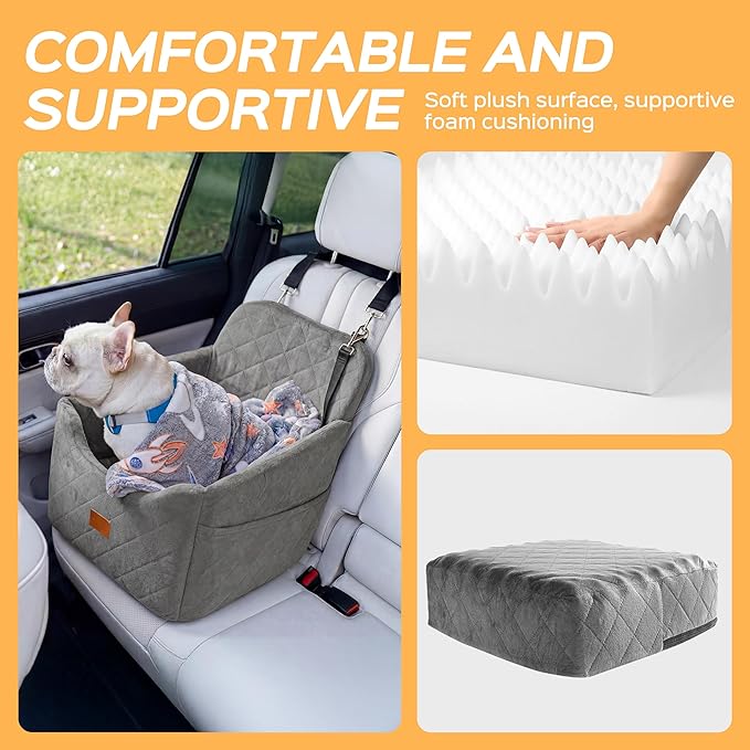 Dog Car Seat for Small Dog with Washable Mat, Memory Foam Booster Seat for Dogs Under 30lb, 6" Elevated Pet Seat with Pockets, Anti-Slip Bed for Car, Perfect for Front & Back Seats with Safety Leash